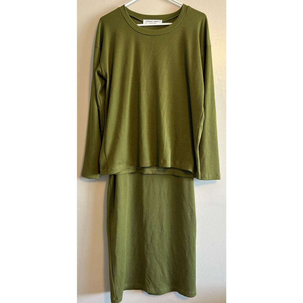 Sonnet James 2 piece set Ribbed Knit Set Top Skirt Olive Playwear L